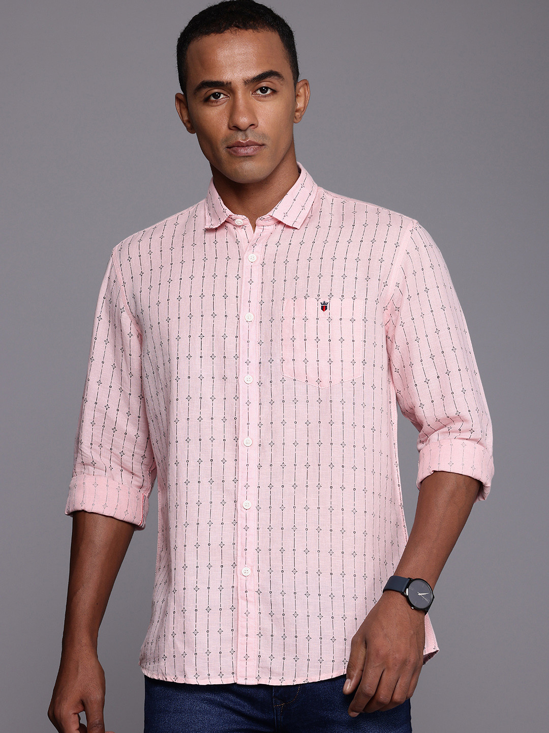 

Louis Philippe Jeans Linen Cotton Slim Fit Opaque Striped Casual Shirt, Pink