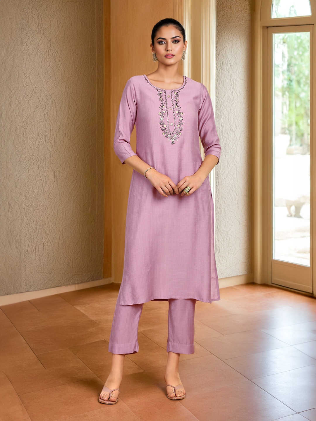 

Soch Ethnic Motifs Embroidered Regular Thread Work Kurta with Trousers, Pink