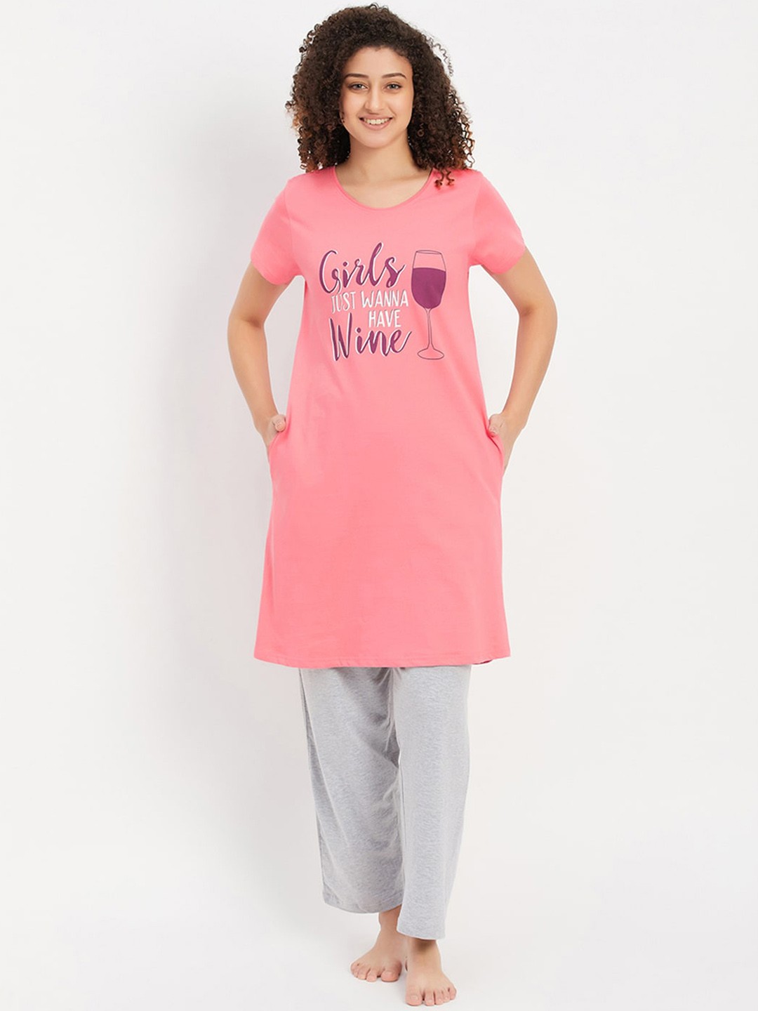 

Clovia Peach Colored Typography Printed Pure Cotton Night suit
