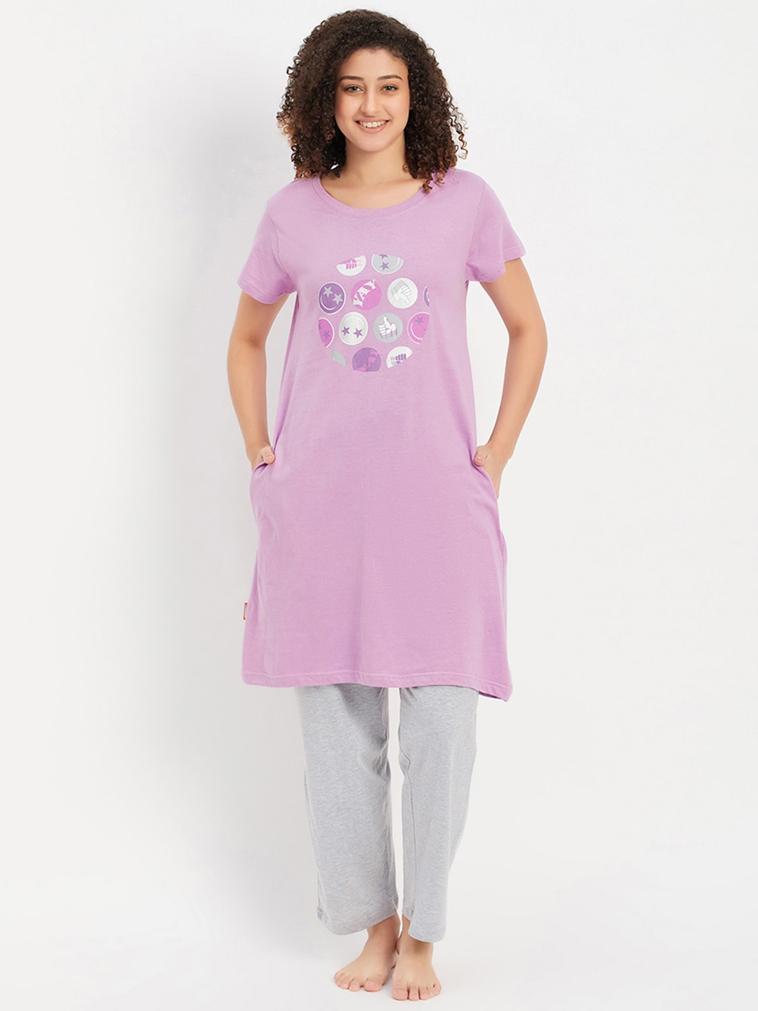 

Clovia Geometric Printed Pure Cotton Night Suit, Lavender