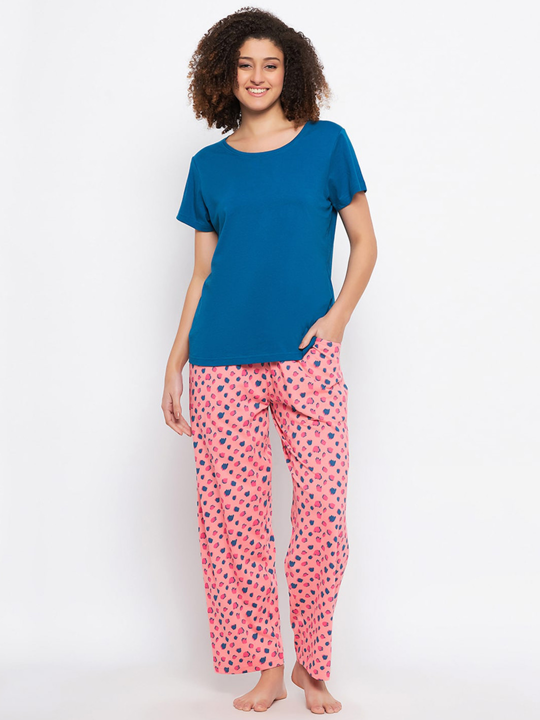 

Clovia Navy Blue Short Sleeves Pure Cotton Night Suit