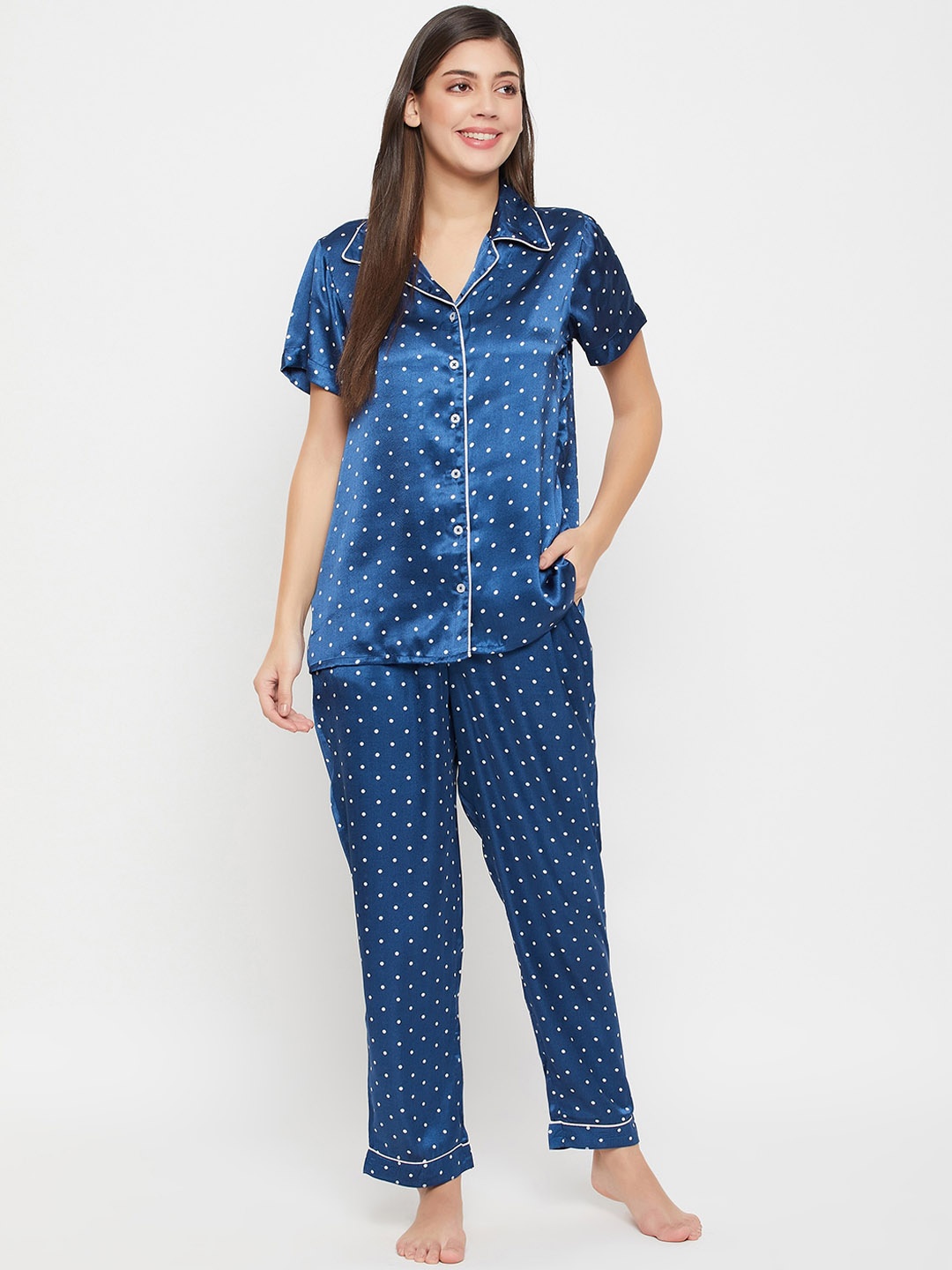 

Clovia Blue Polka Dots Printed Lapel Collar Satin Shirt With Pyjamas