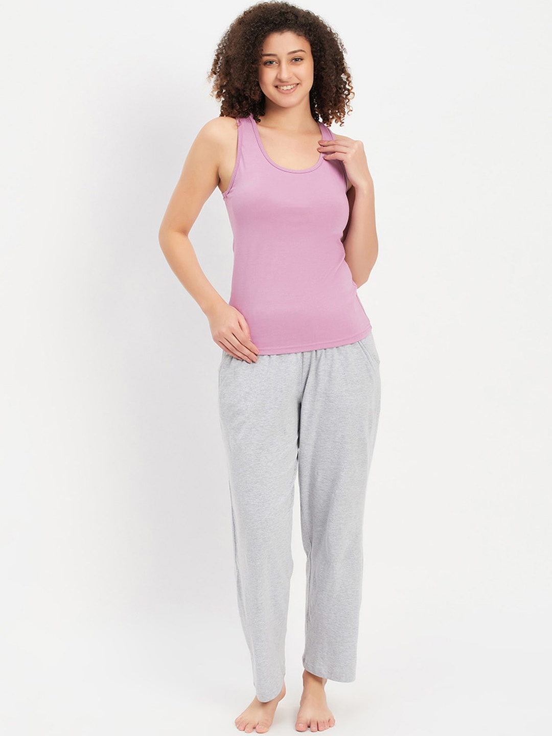 

Clovia Grey & Pink Pure Cotton Top With Pyjamas