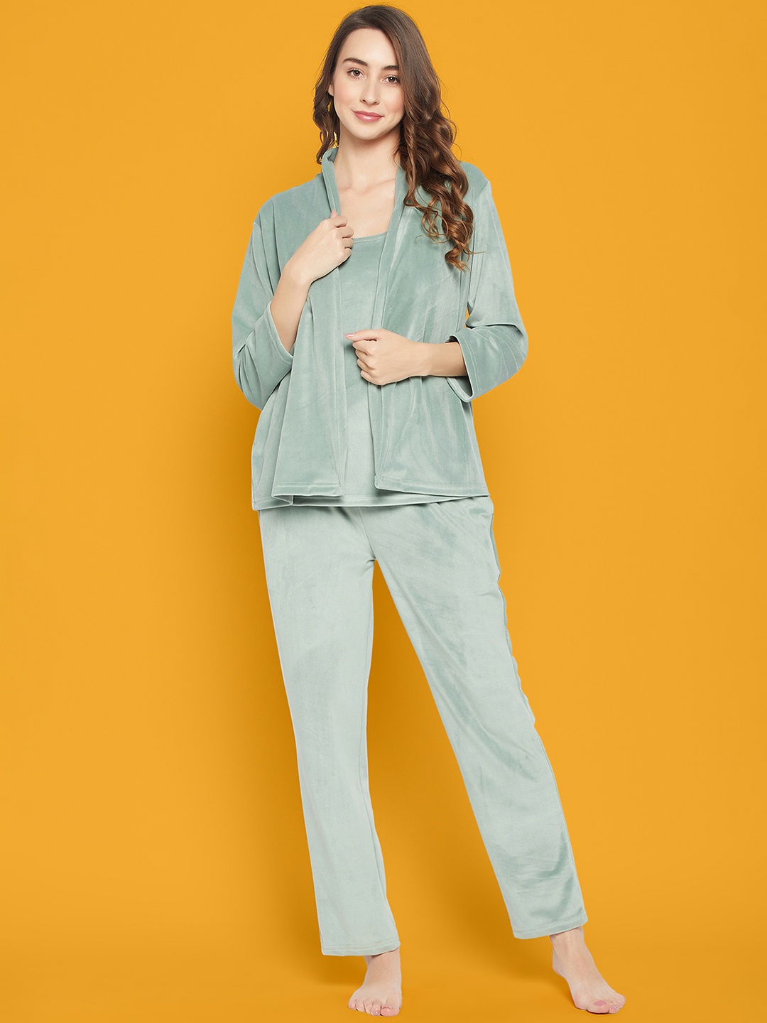 

Clovia Green Shoulder Straps Cami With Pyjamas & Shrug