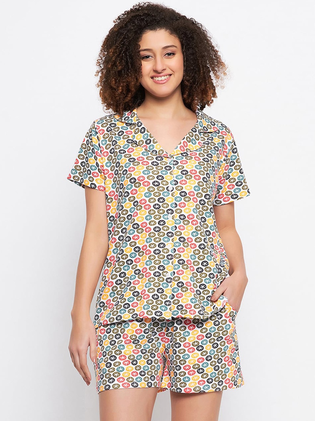 

Clovia Women Cotton Conversational Printed Night suit, Yellow
