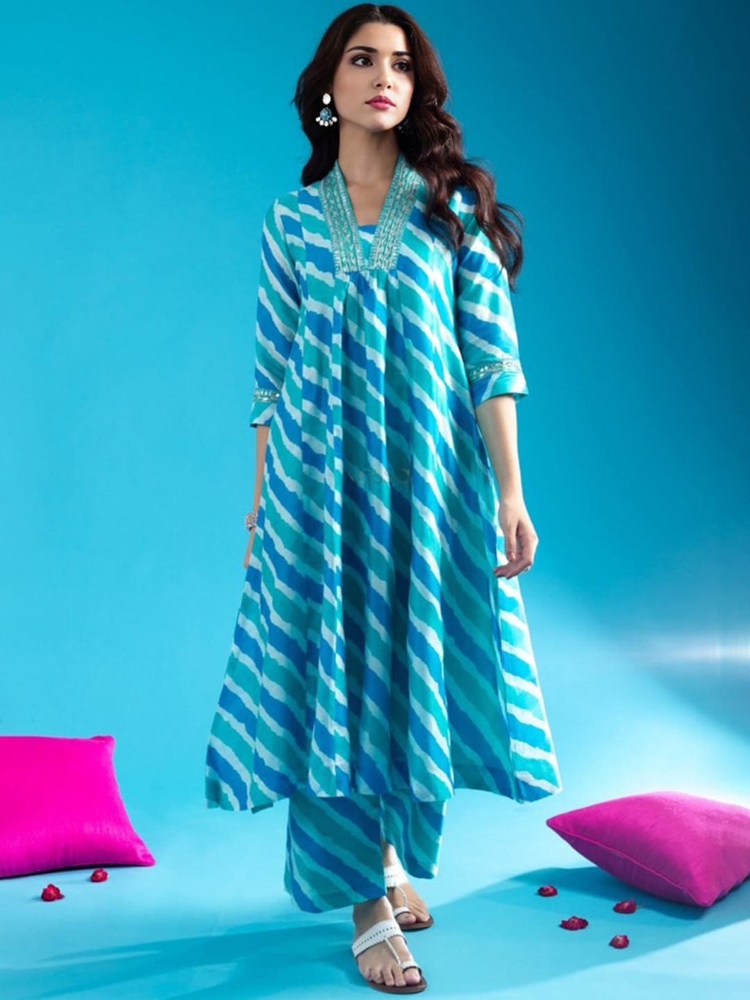 

BLACK SCISSOR V-Neck Leheriya Printed Pure Cotton Sequined Anarkali Kurta with Trousers, Blue