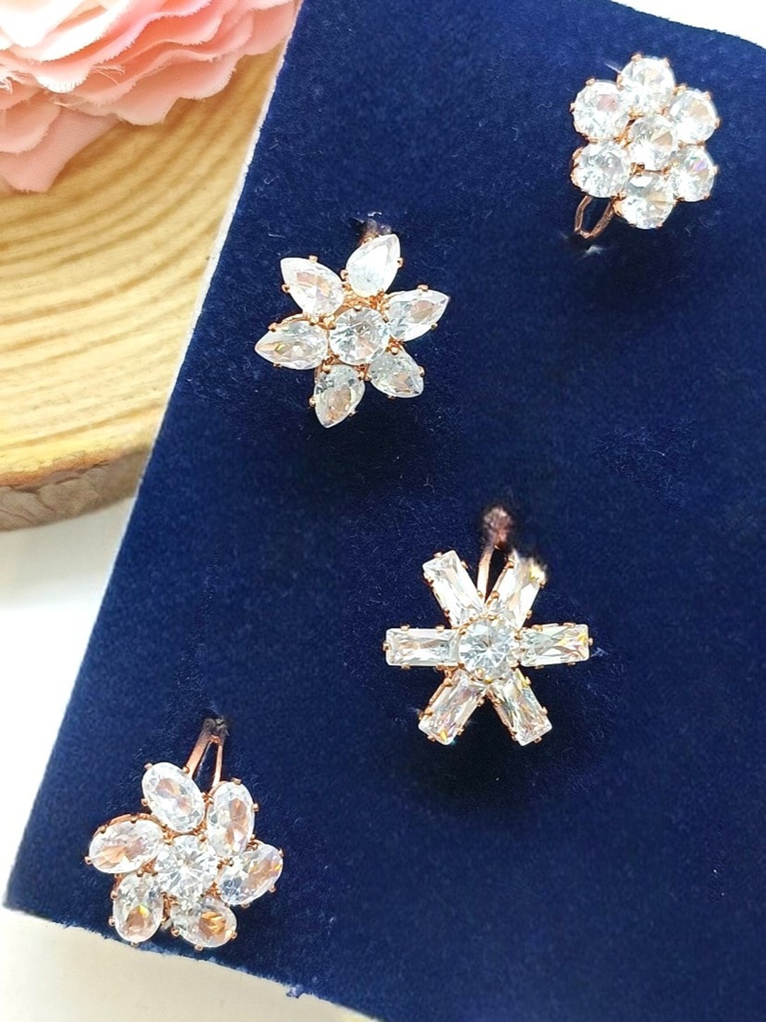 

FEMMIBELLA Set Of 4 Gold Plated CZ-Studded Adjustable Finger Ring