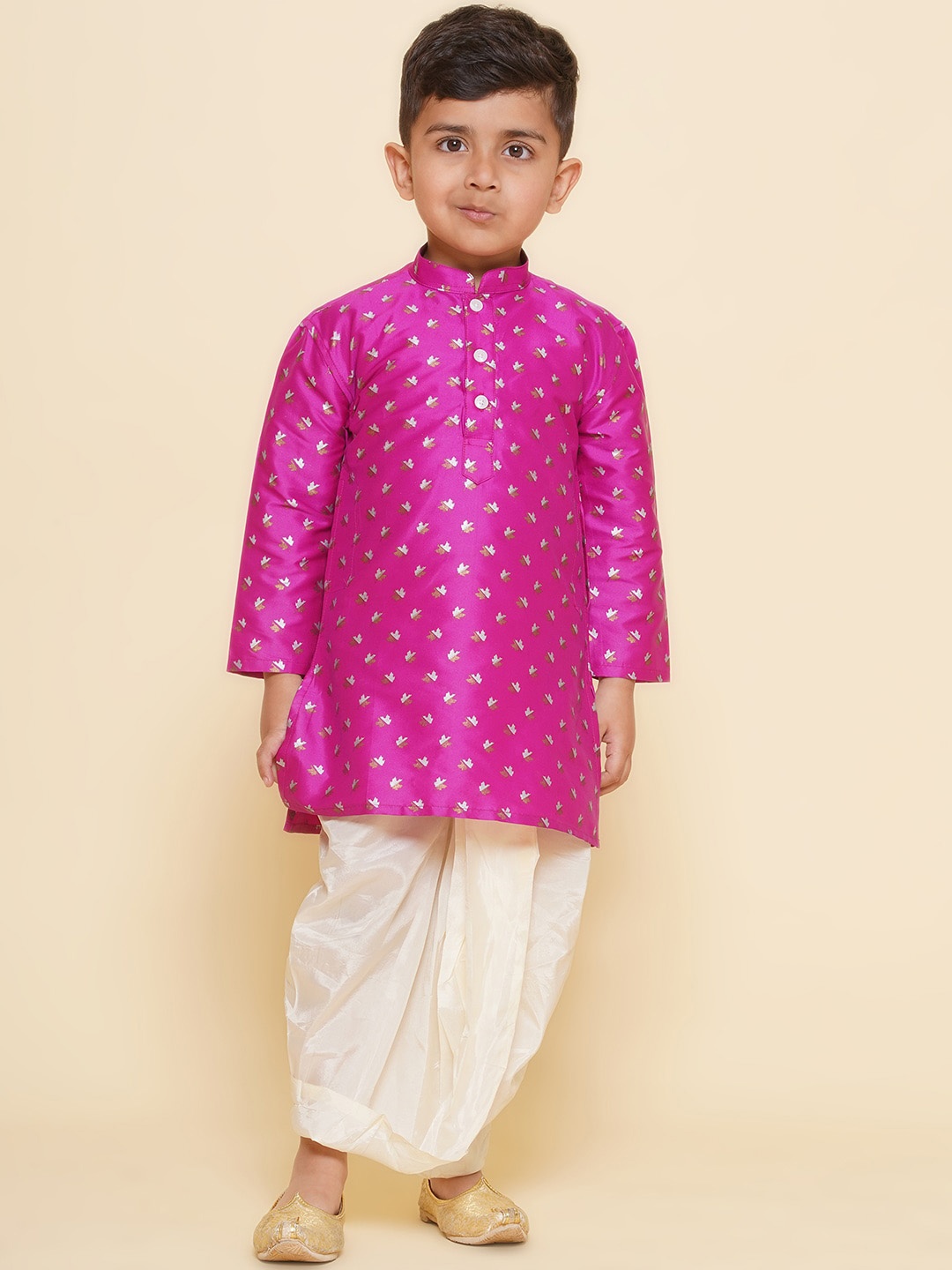 

Sethukrishna Boys Floral Printed Mandarin Collar Kurta with Dhoti Pants, Pink