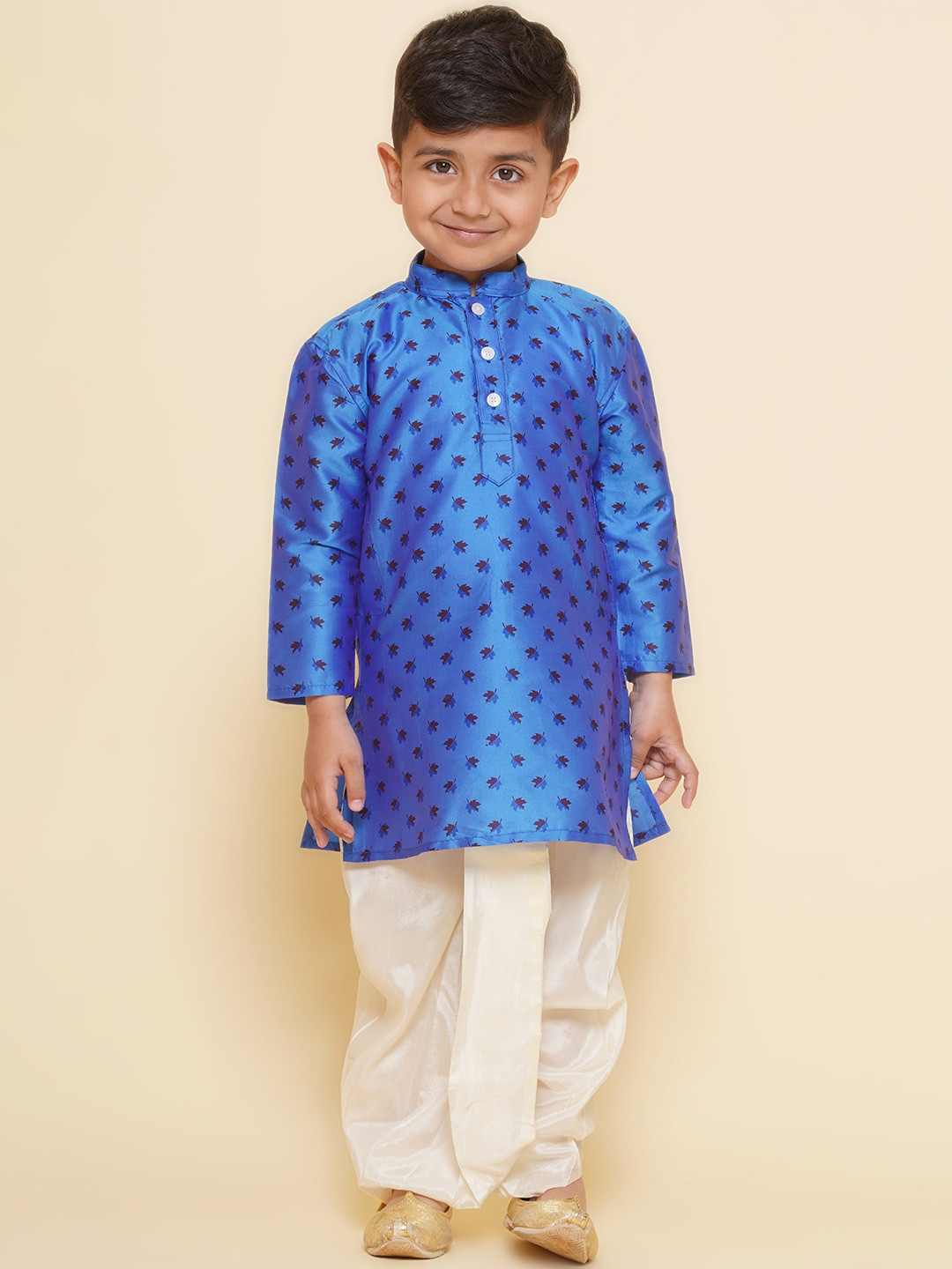 

Sethukrishna Boys Mandarin Collar Long Sleeves Floral Printed Kurta with Dhoti Pant, Blue
