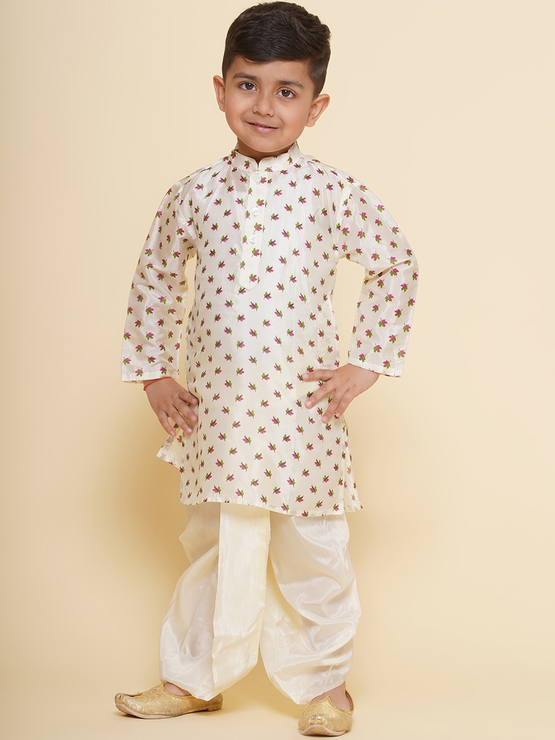 

Sethukrishna Boys Floral Printed Mandarin Collar Straight Kurta With Dhoti Pants, Cream