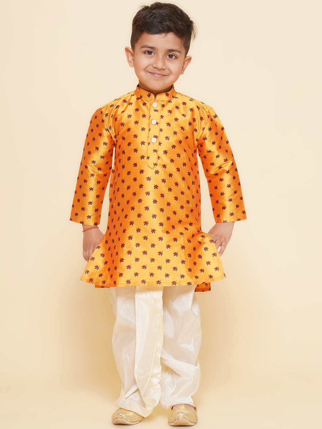 Sethukrishna Boys Floral Printed Flared Sleeves Thread Work Kurta, Yellow