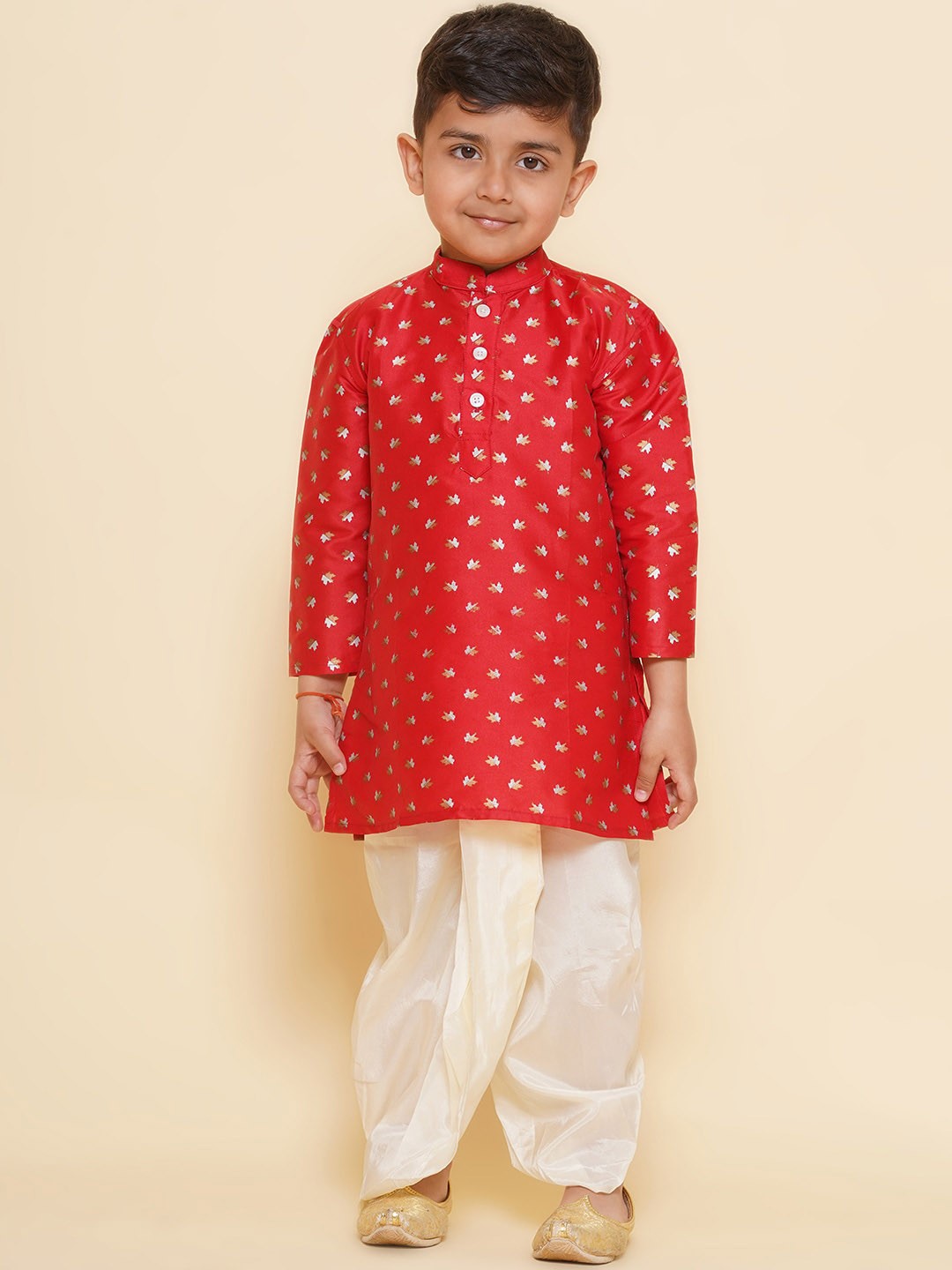 

Sethukrishna Boys Long Sleeves Mandarin Collar Ethnic Motifs Kurta, Red