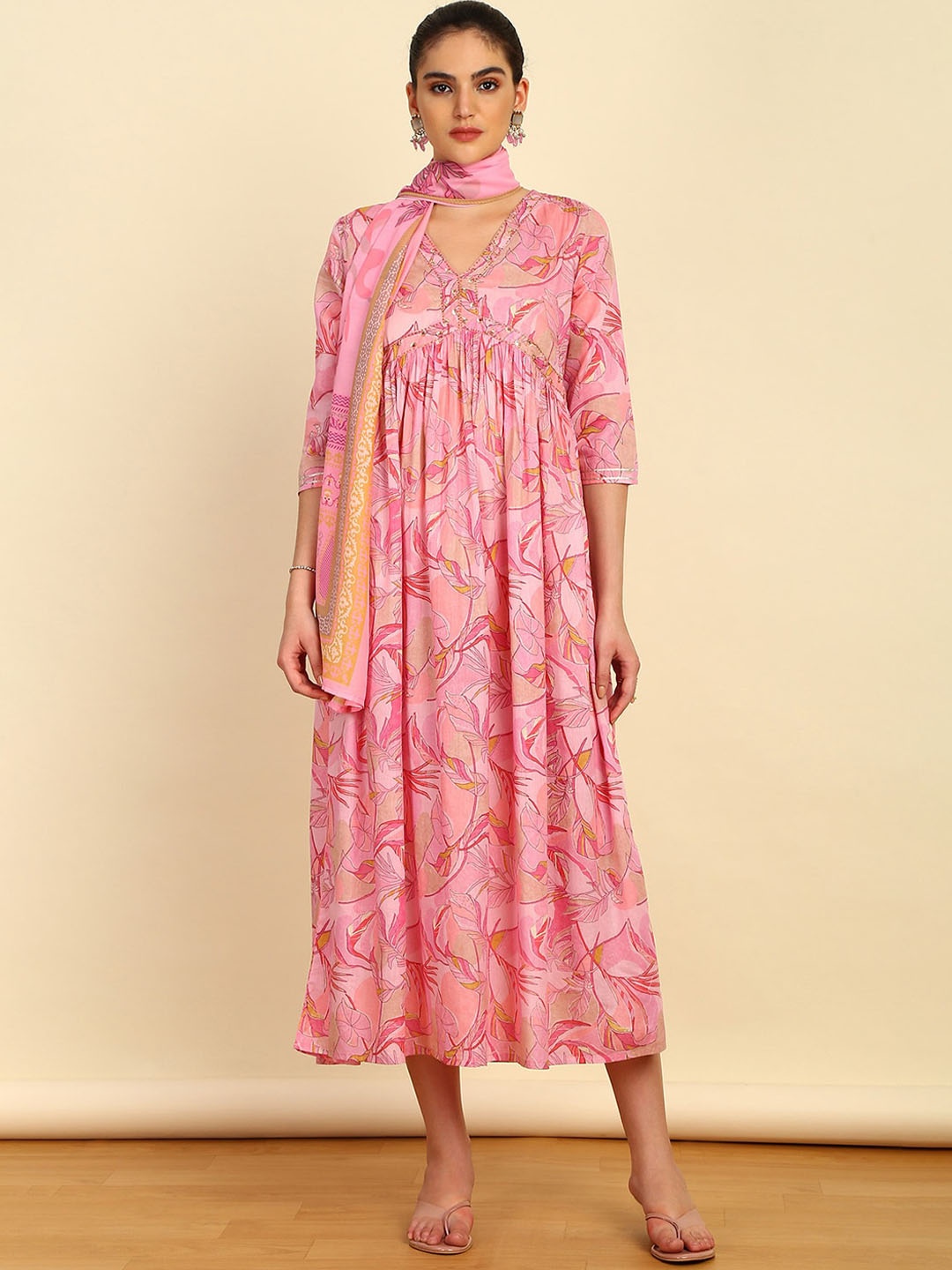 

Soch Floral Printed V-Neck Sequined Cotton Empire Ethnic Dress With Duppata, Pink
