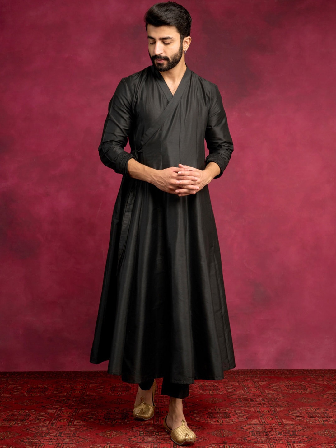 

Abhishti V-Neck Angrakha Cotton Silk Anarkali Kurta With Pyjamas, Black