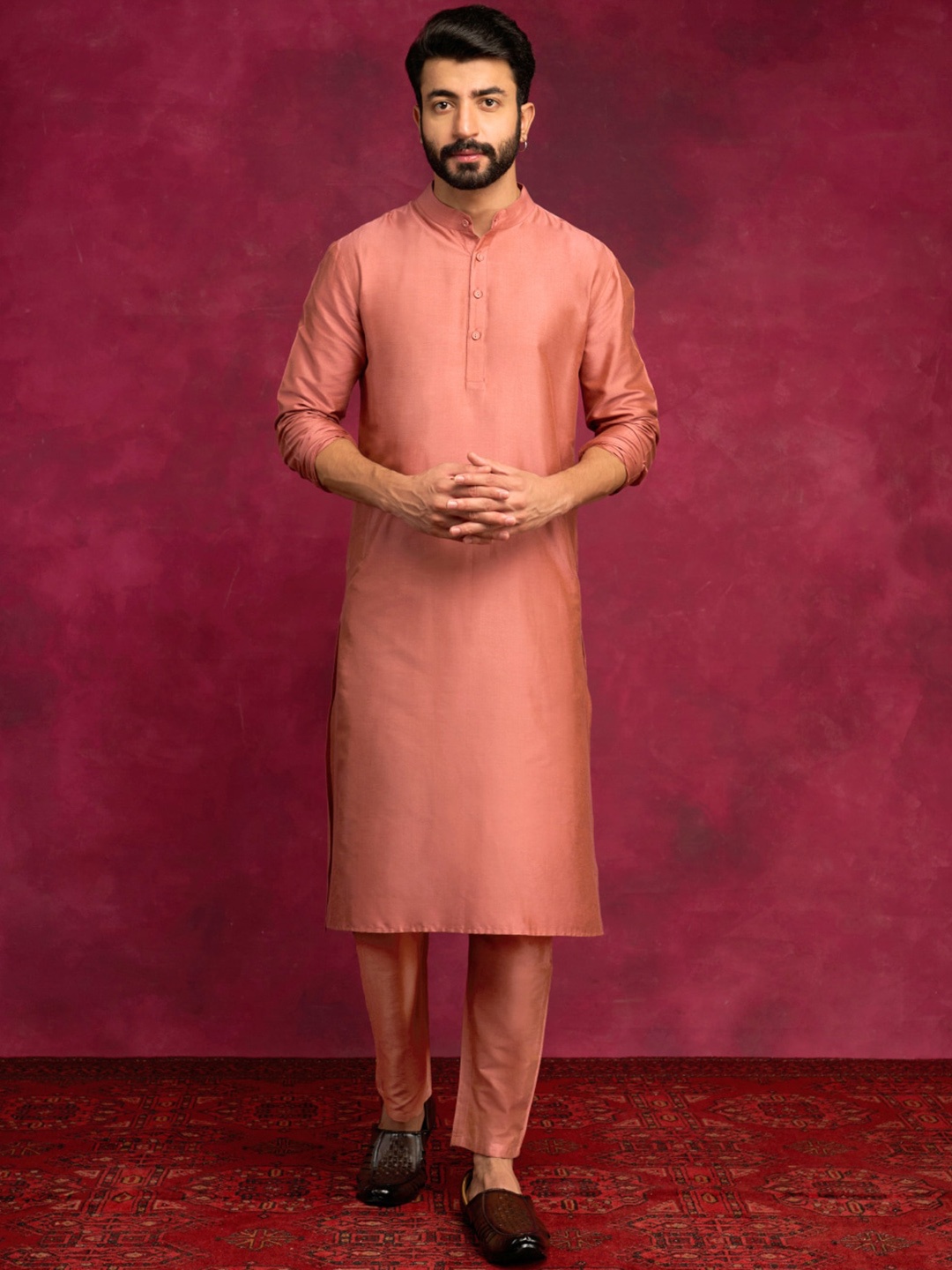 

Abhishti Mandarin Collar Cotton Kurta, Brown