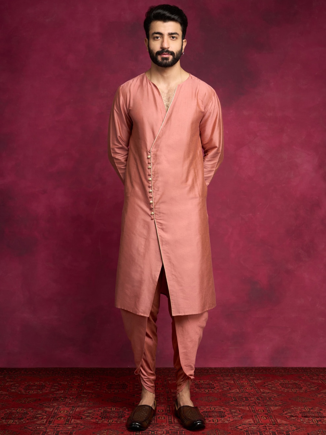 

Abhishti V-Neck Regular Cotton Silk Straight Kurta With Dhoti Pants, Brown