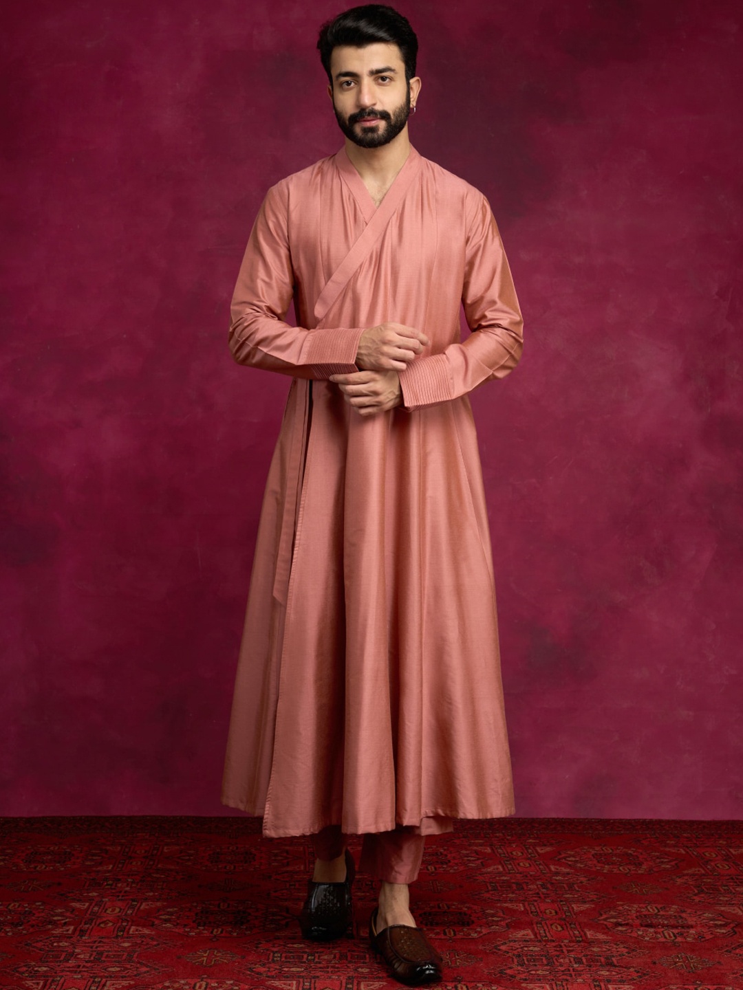 

Abhishti V-Neck Regular Cotton Silk Angrakha A-Line Kurta With Trousers, Brown