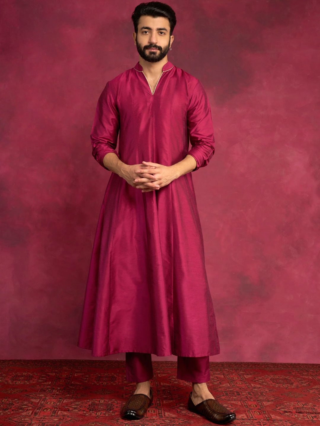 

Abhishti Mandarin Collar Long Sleeves Anarkali Kurta with Trousers, Pink