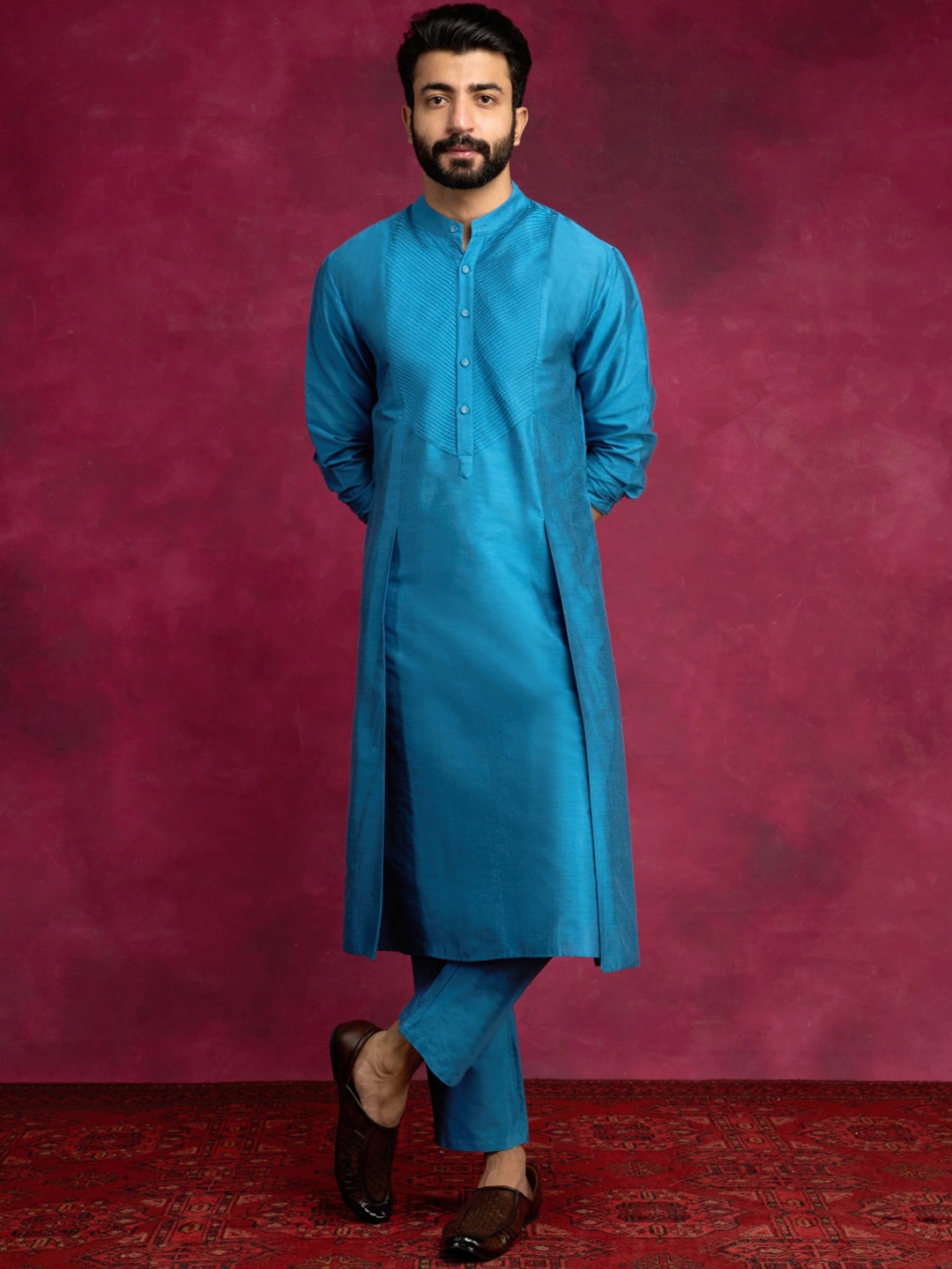 

Abhishti Cotton Mandarin Collar Long Sleeves A-Line Kurta, Blue