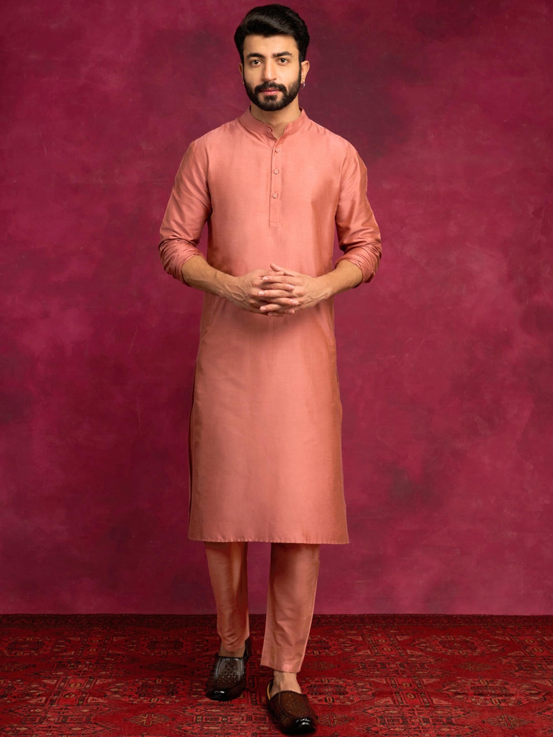 

Abhishti Mandarin Collar Long Sleeves Straight Kurta with Trousers, Brown