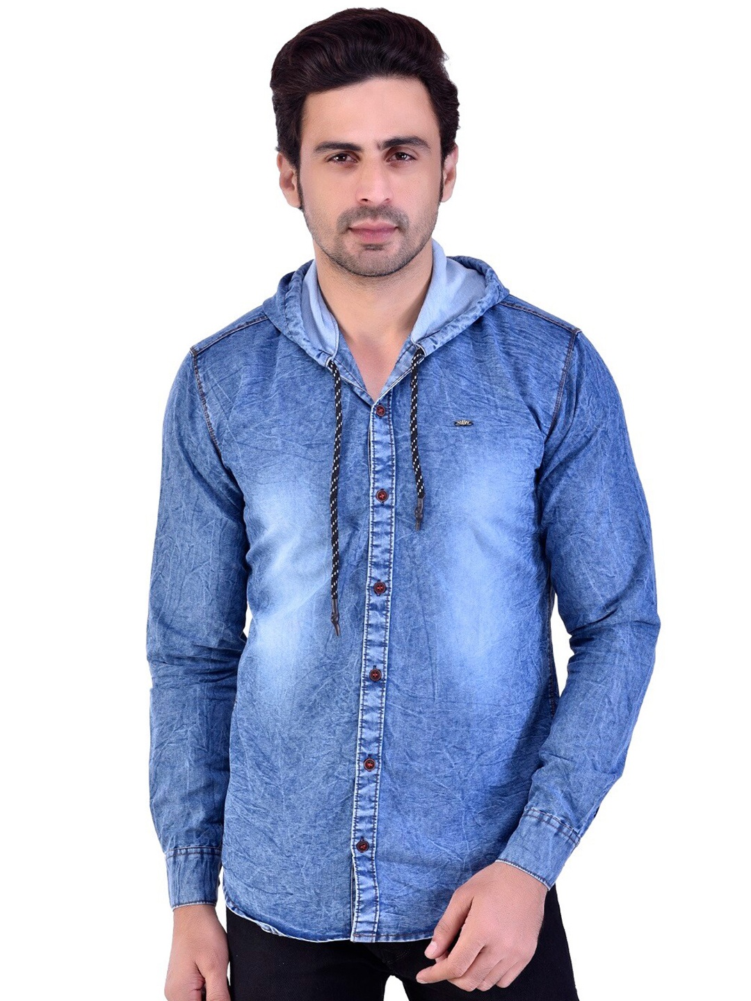 

BAESD Faded Hooded Denim Silk Casual Shirt, Blue