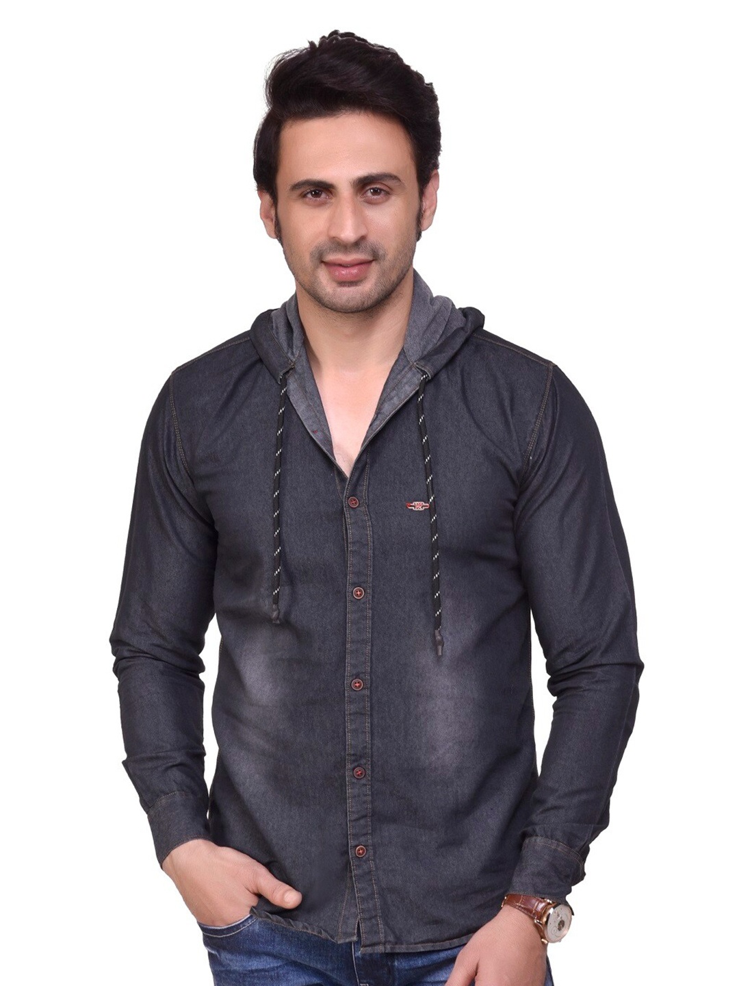 

BAESD Faded Hooded Chambray Casual Shirt, Black