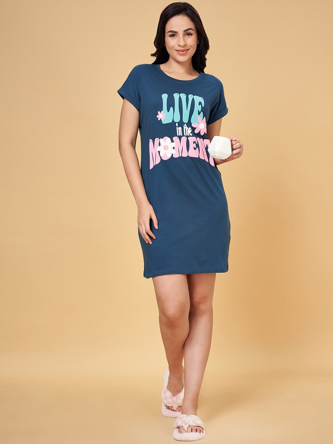

Dreamz by Pantaloons Printed Pure Cotton T-shirt Nightdress, Teal