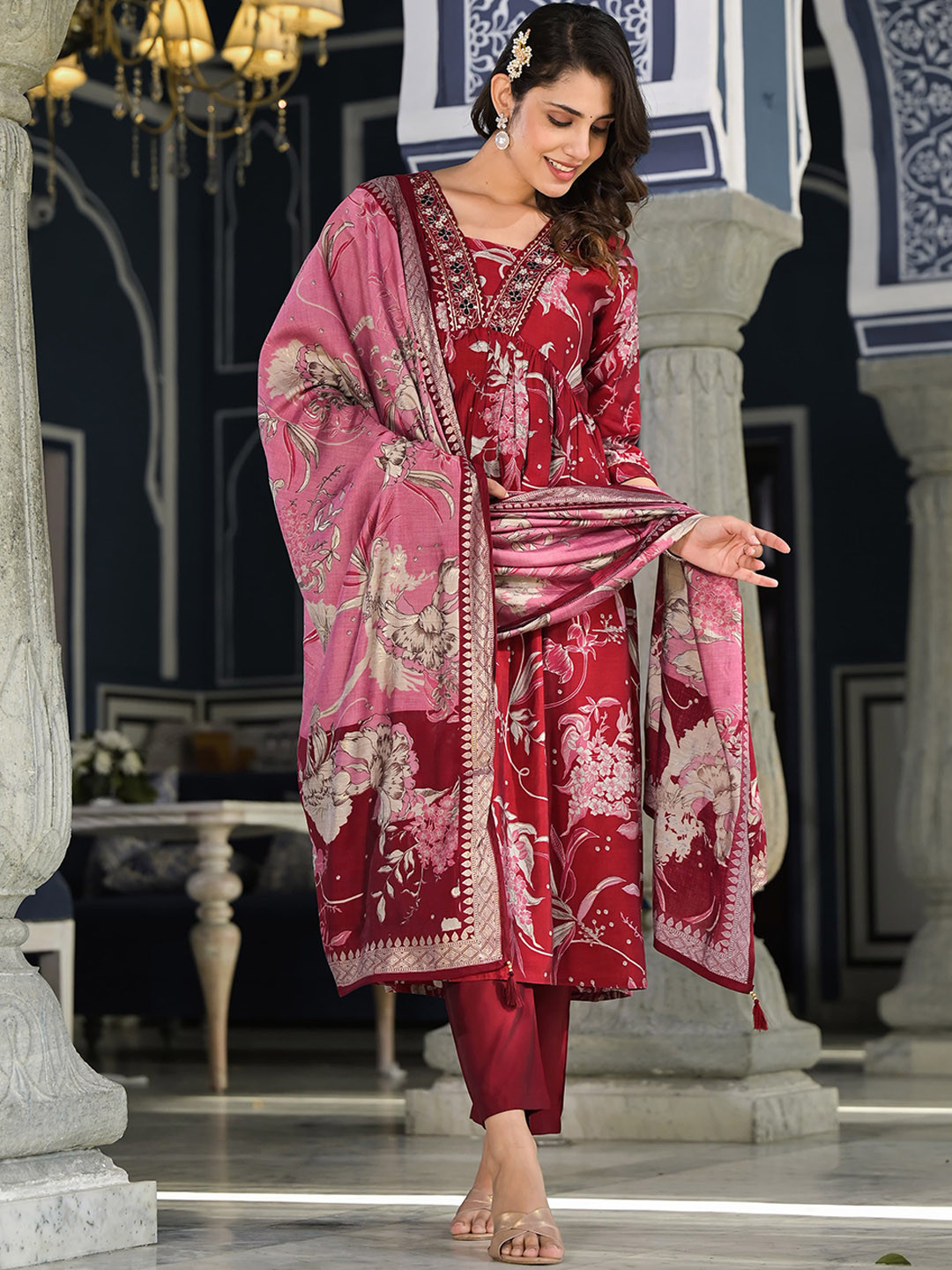 

KALINI Floral Printed Pleated Gotta Patti Anarkali Kurta & Trousers With Dupatta, Maroon