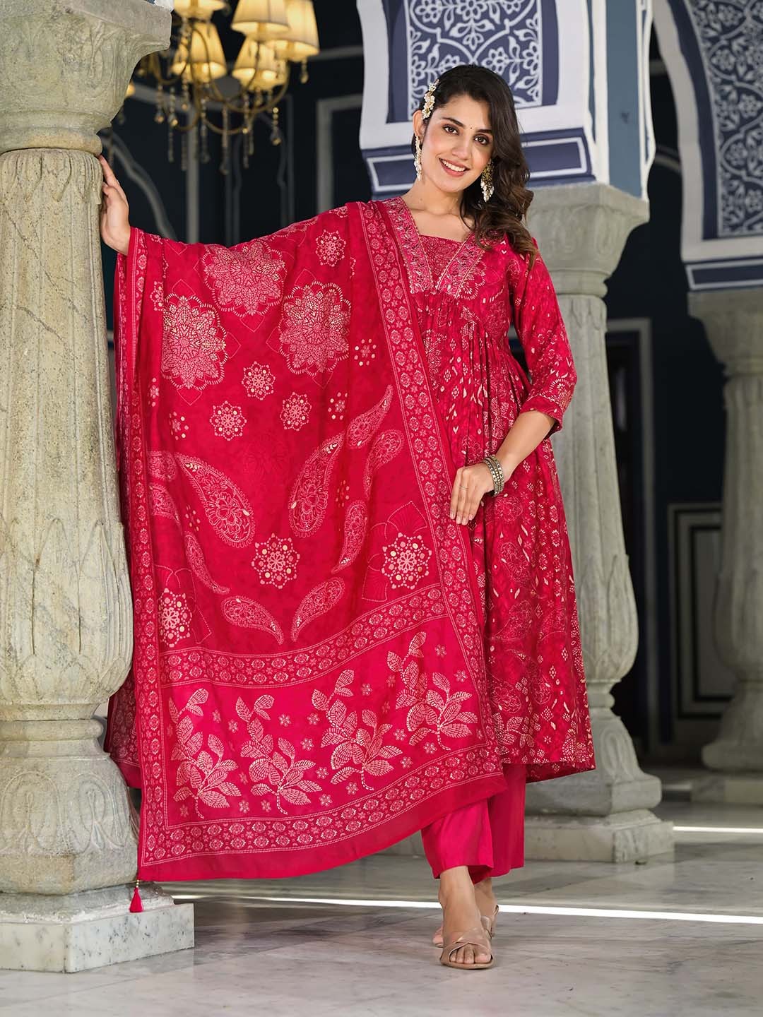 

KALINI Ethnic Motifs Printed Pleated Sequinned Kurta with Trousers & Dupatta, Red