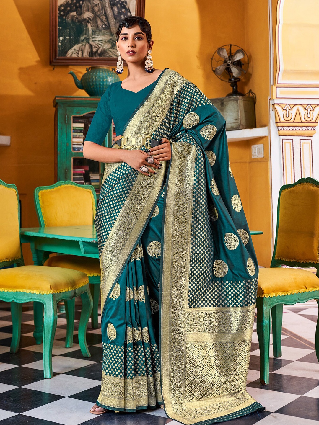 

elora Ethnic Motifs Woven Design Zari Banarasi Saree, Teal