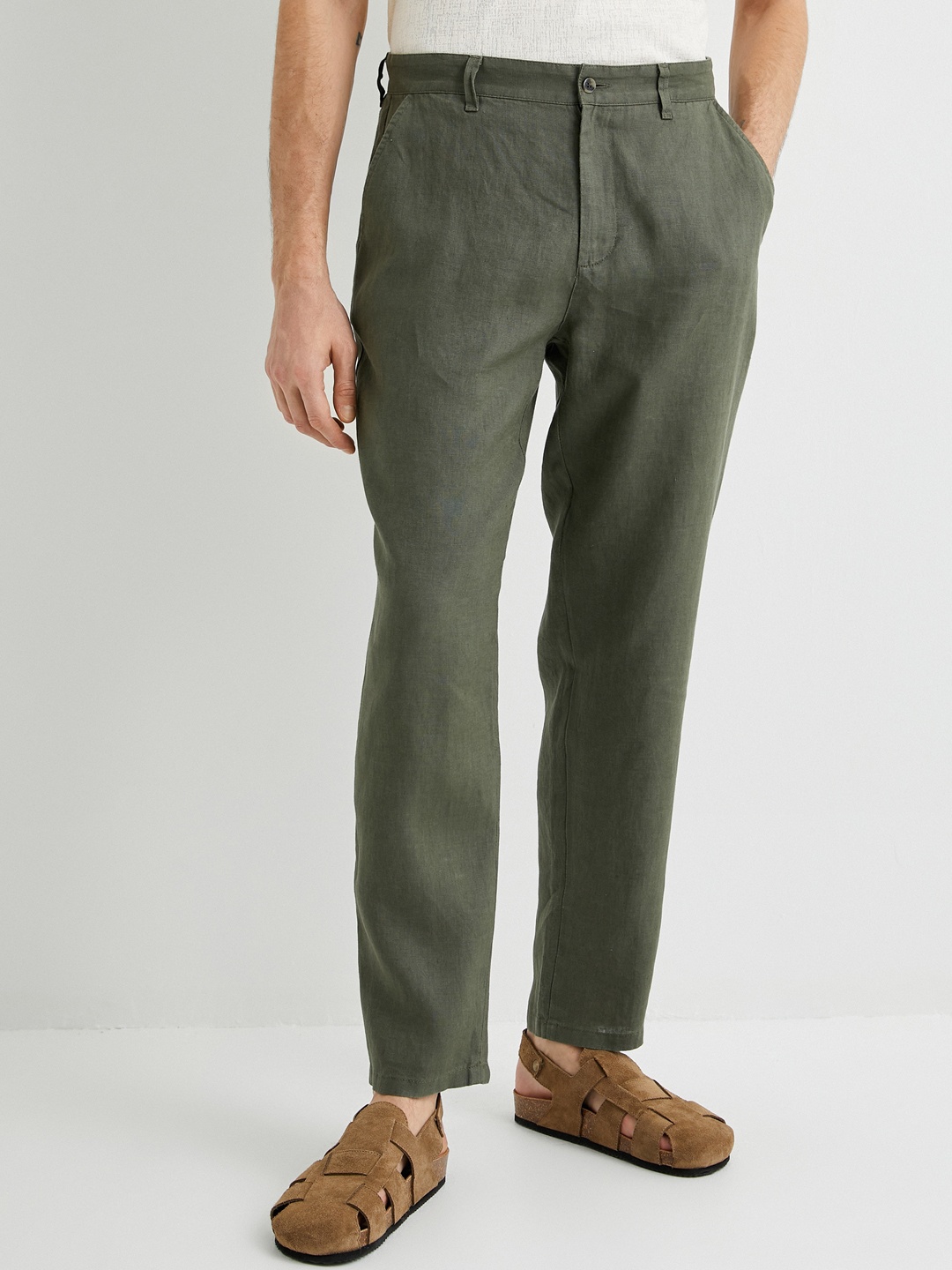 

Koton Men Slim Fit Mid Rise Linen Formal Trousers, Khaki
