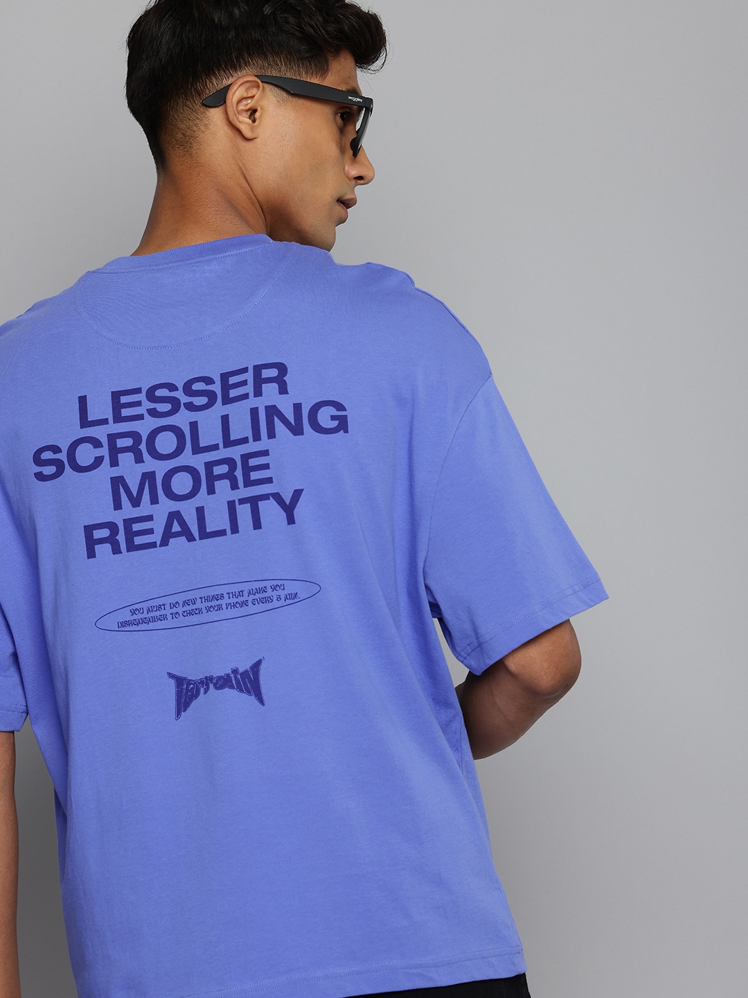 

Indian Terrain Typography Print Oversized Pure Cotton T-shirt, Blue