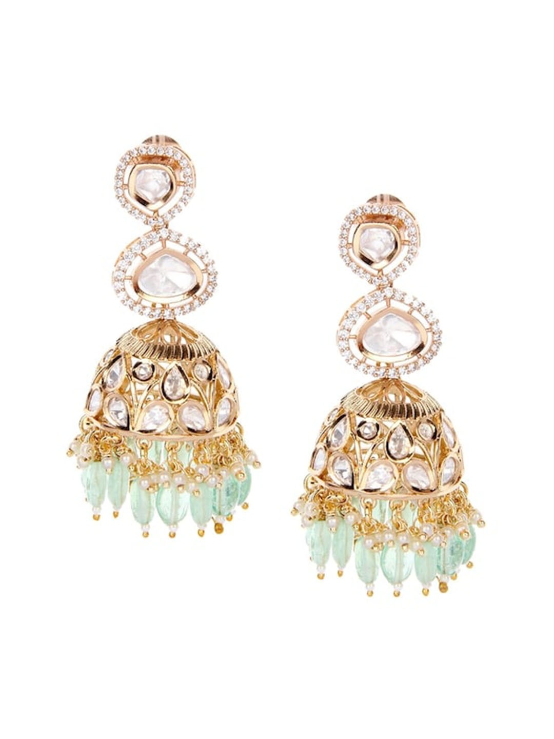 

AURAA TRENDS Gold-Plated Stone-Studded & Beaded Dome Shaped Jhumkas