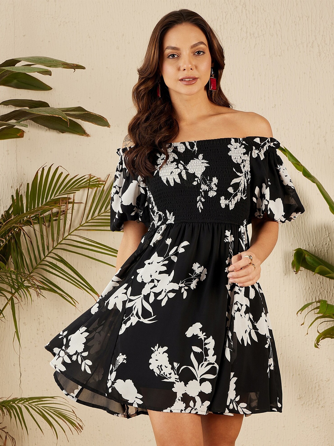 

Marie Claire Floral Print Off-Shoulder Puff Sleeves Georgette Fit & Flare Dress, Black