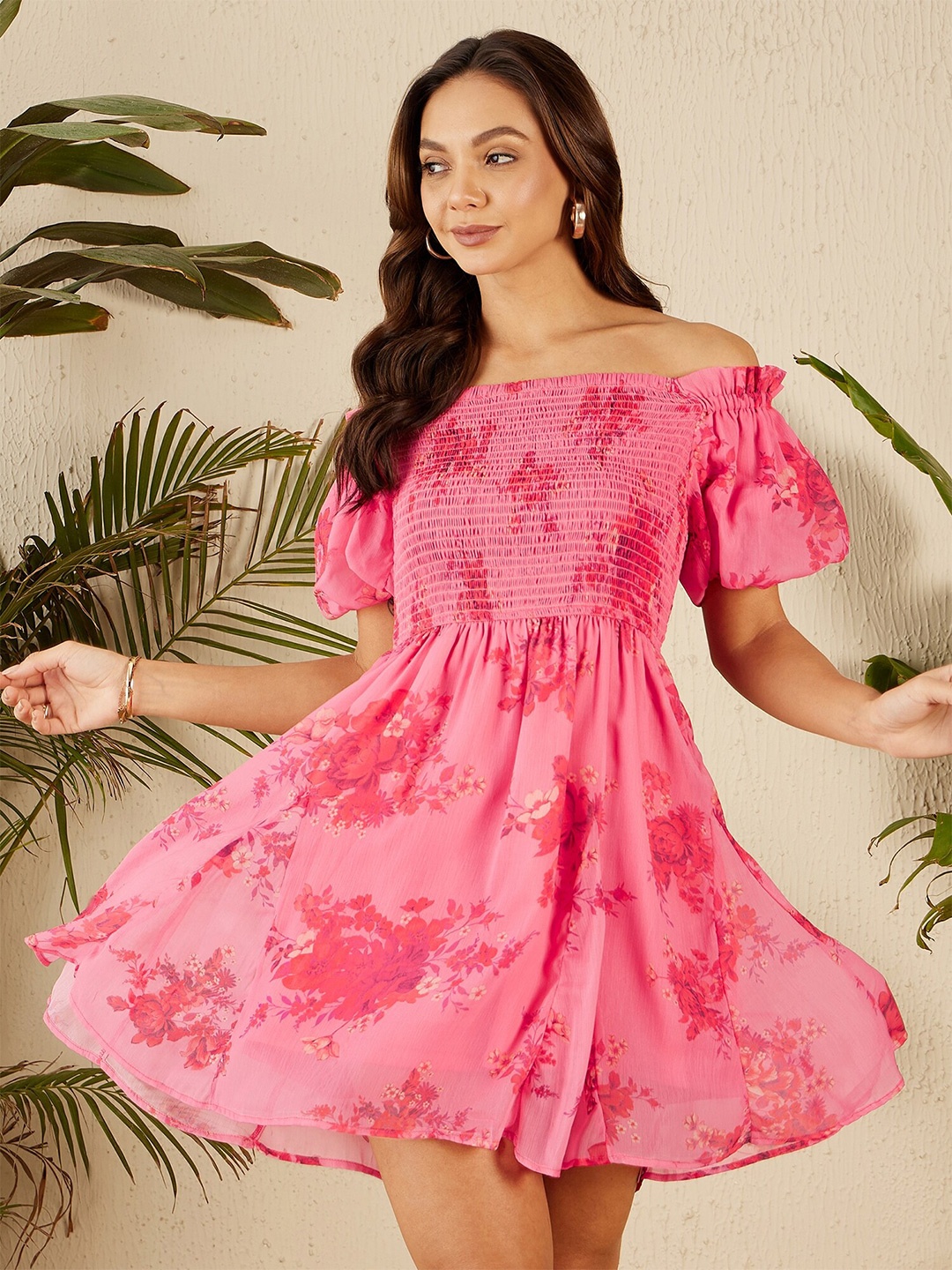 

Marie Claire Floral Printed Off-Shoulder Flared Sleeve Chiffon Fit & Flare Dress, Pink