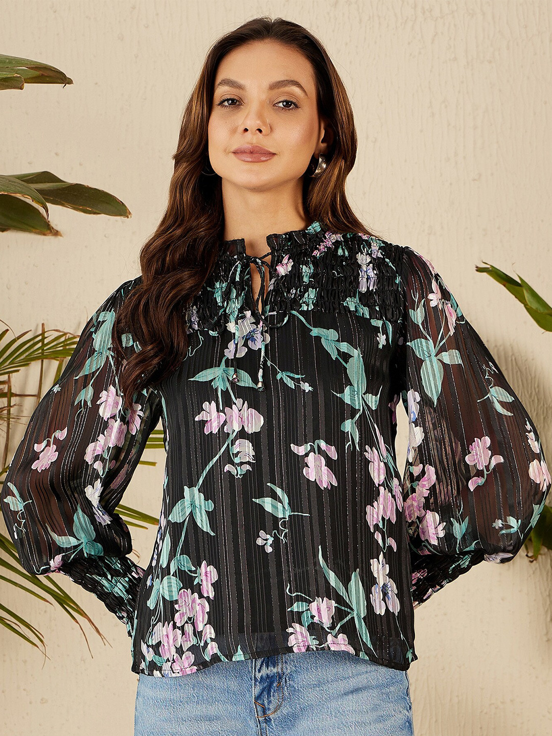 

Marie Claire Floral Print Tie-Up Neck Puff Sleeve Georgette Top, Black