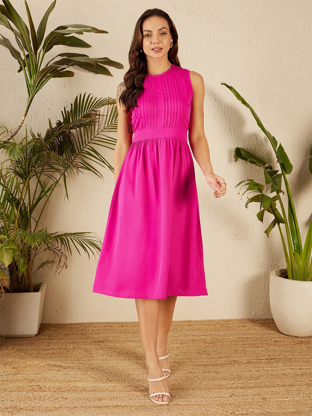 

Marie Claire Floral Round Neck Sleeveless Fit & Flare Dress, Pink