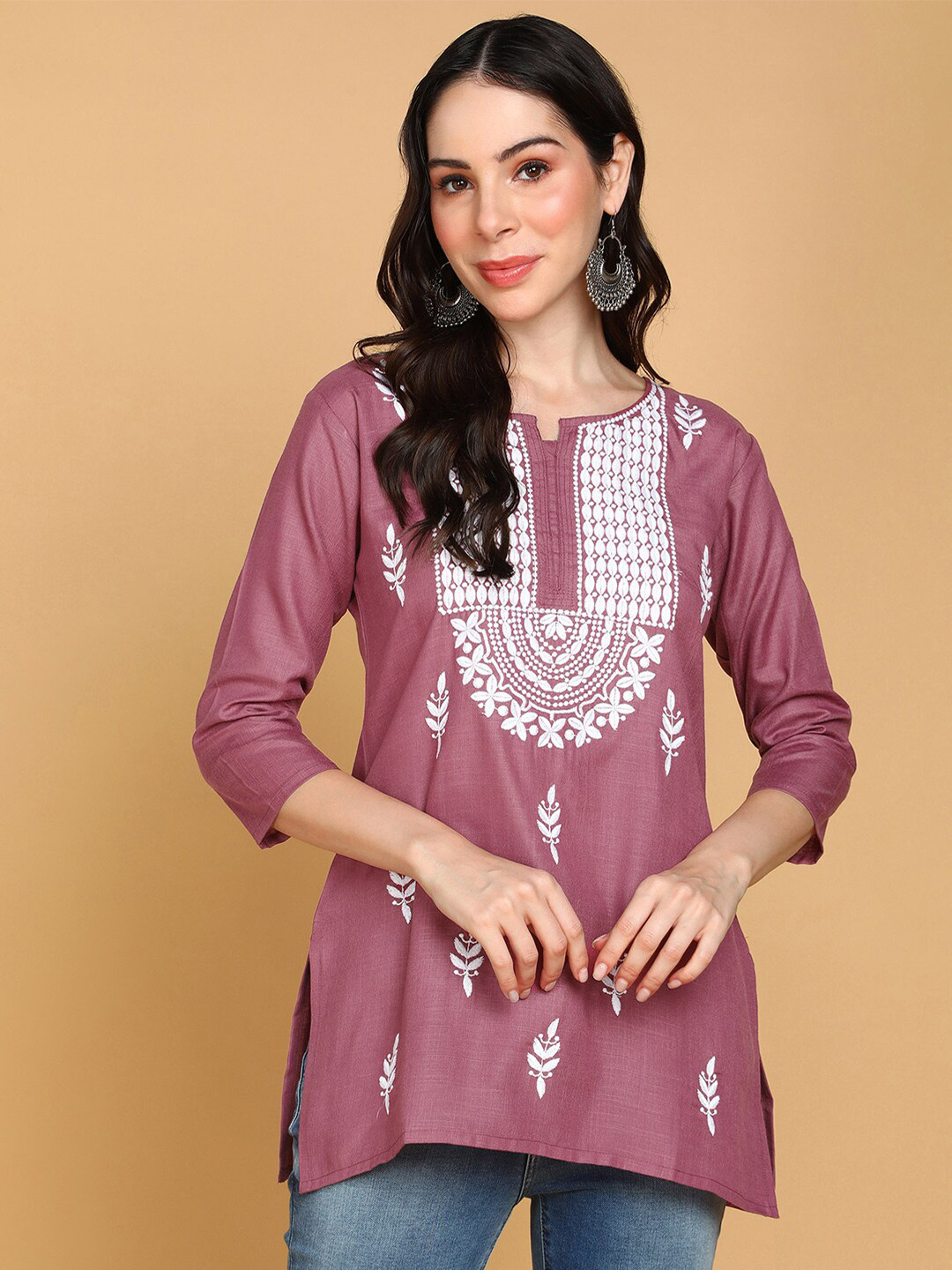 

TOP N THREAD Ethnic Motifs Embroidered Round Neck Three-Quarter Sleeves Chikankari Kurti, Pink