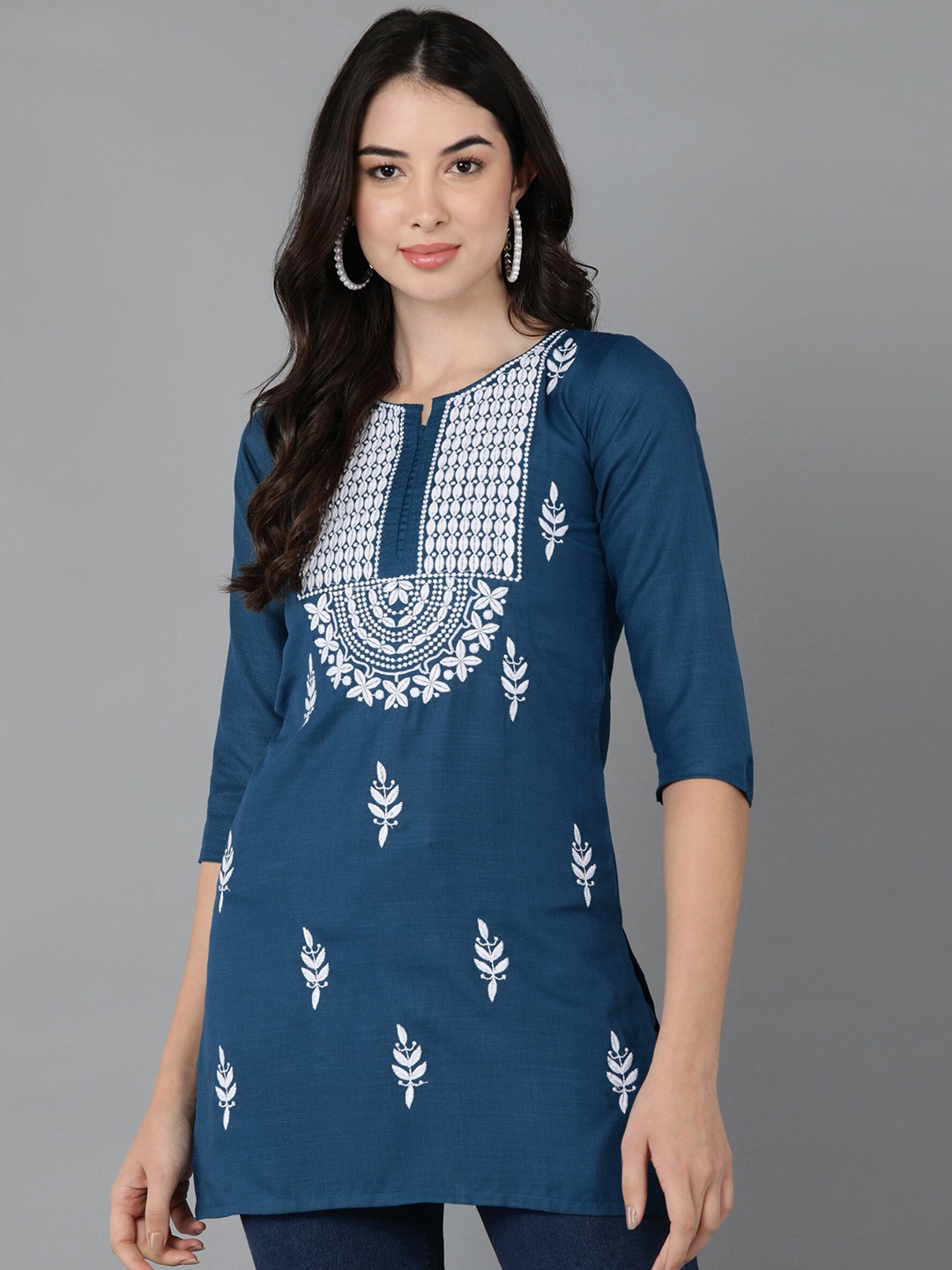 

TOP N THREAD Ethnic Motifs Embroidered Round Neck Three-Quarter Sleeves Chikankari Kurti, Teal