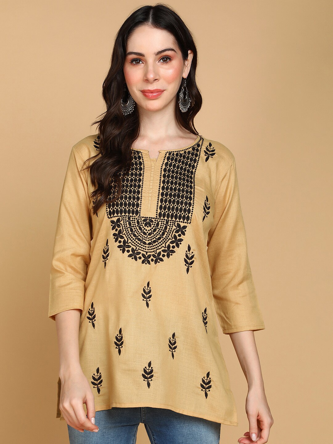 

TOP N THREAD Ethnic Motifs Embroidered Round Neck Three-Quarter Sleeves Chikankari Kurti, Beige