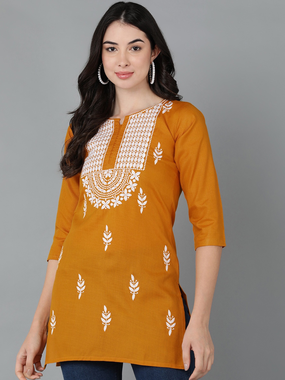 

TOP N THREAD Ethnic Motifs Embroidered Chikankari Straight Kurti, Mustard