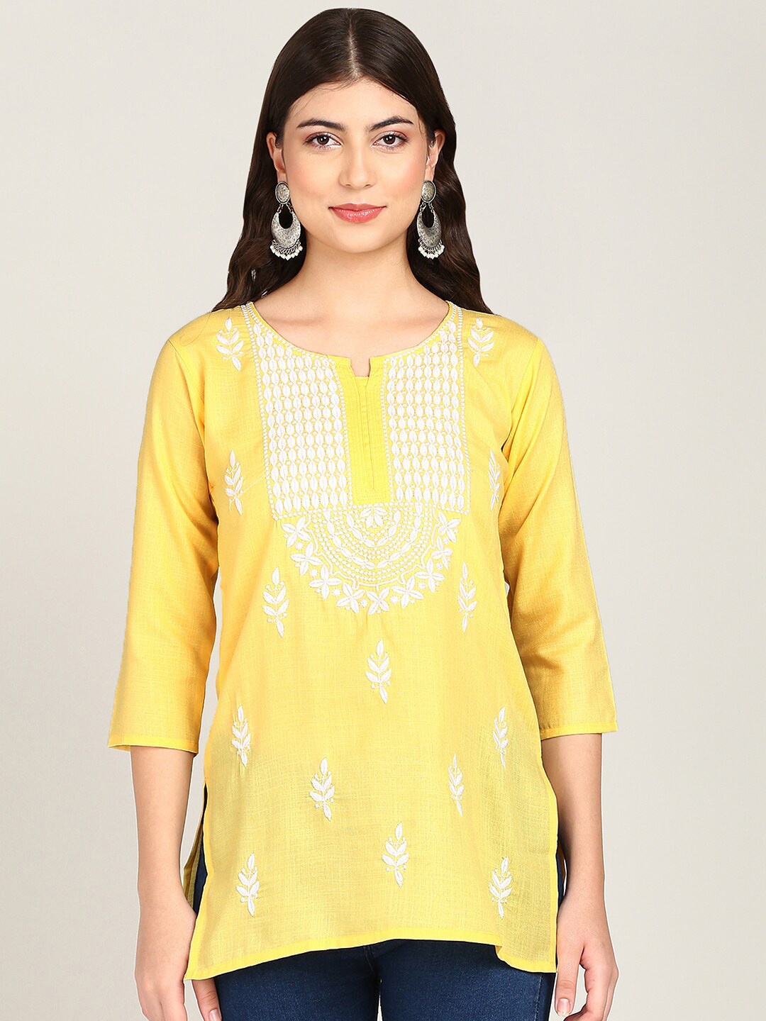 

TOP N THREAD Ethnic Motifs Embroidered Chikankari Straight Kurti, Yellow