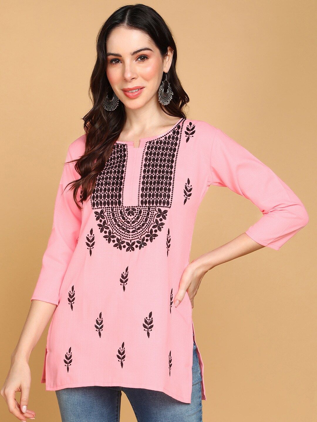 

TOP N THREAD Ethnic Motifs Embroidered Round Neck Three-Quarter Sleeves Chikankari Kurti, Pink