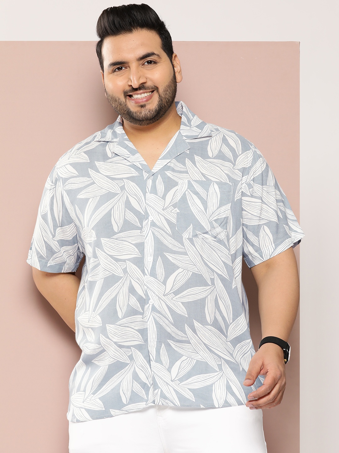 

Sztori Plus Size Men Classic Floral Printed Casual Shirt, Grey