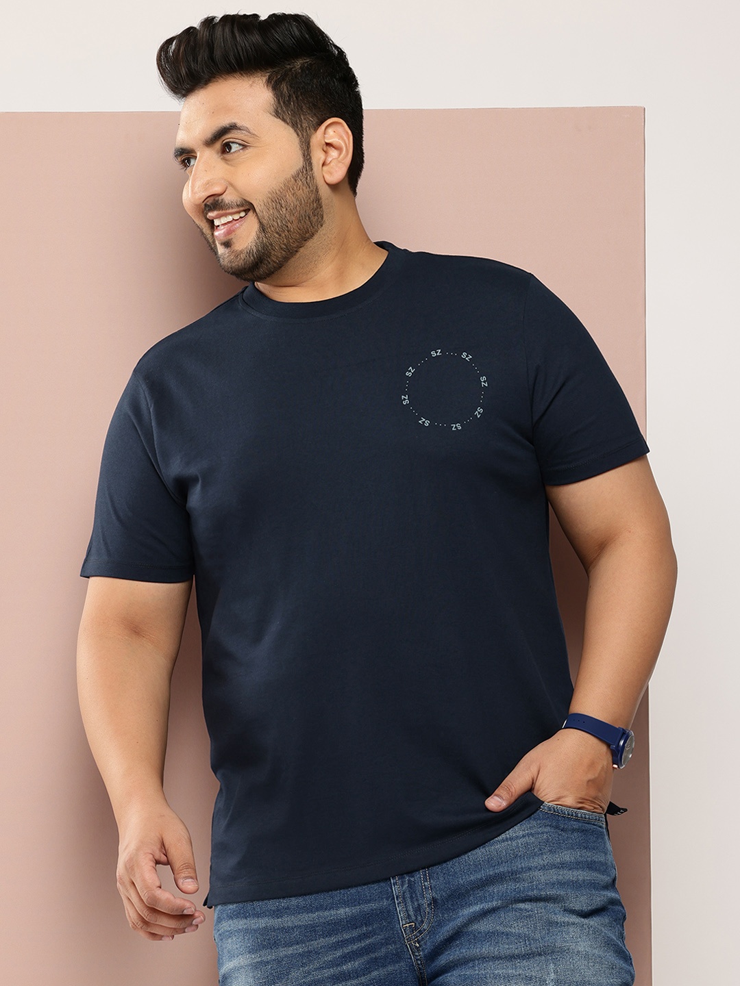 

Sztori Men Plus Size Pure Cotton Bio Finish T-shirt, Navy blue