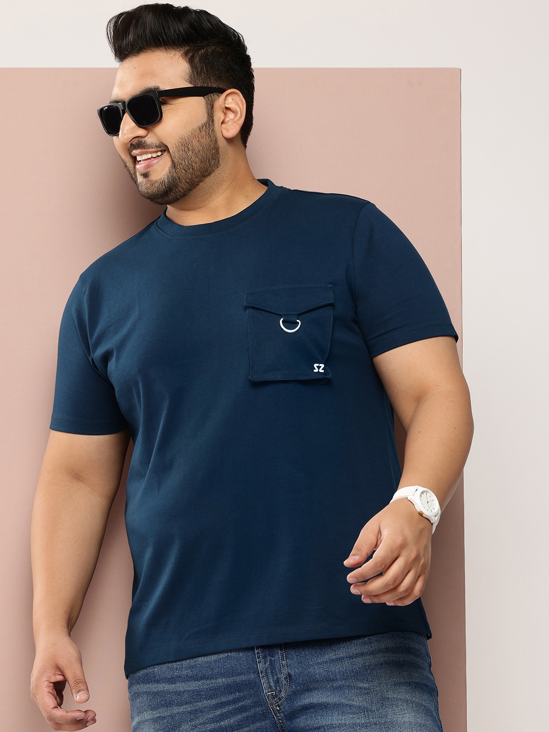 

Sztori Men Plus Size Pure Cotton Bio Finish T-shirt, Navy blue