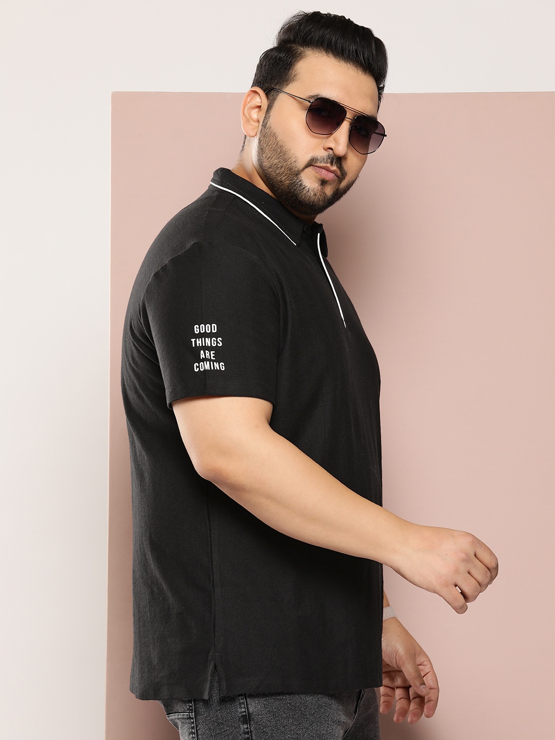 

Sztori Men Plus Size Polo Collar Typography Printed Bio Finish T-shirt, Black