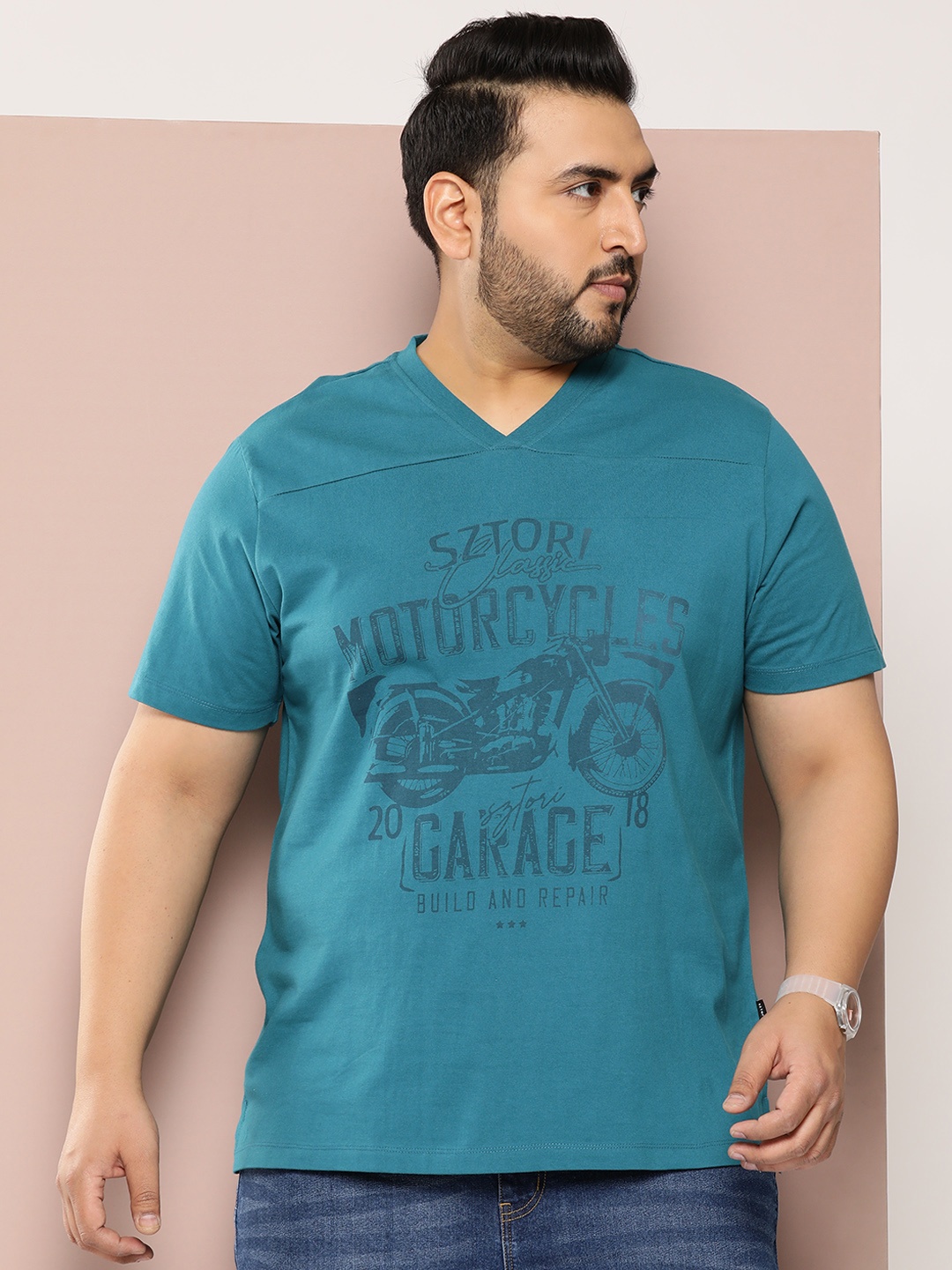 

Sztori Men Plus Size Graphic Printed T-shirt, Teal
