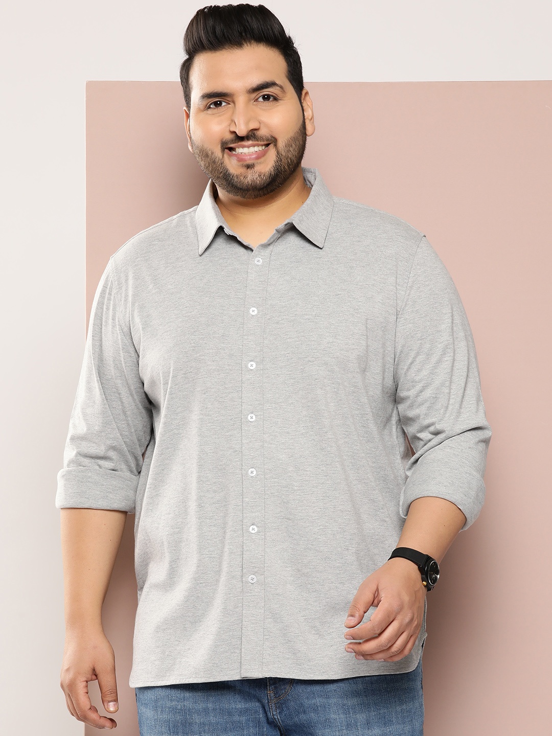 

Sztori Plus Size Men Classic Pure Cotton Casual Shirt, Grey melange