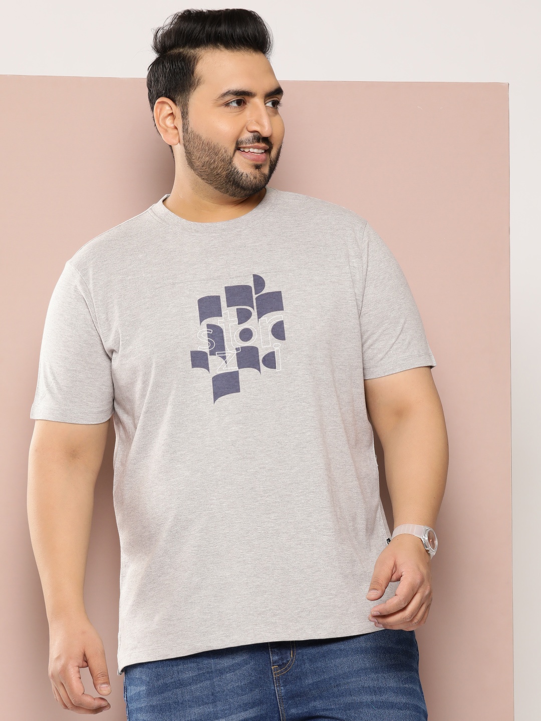 

Sztori Men Plus Size Graphic Printed Bio Finish T-shirt, Grey melange